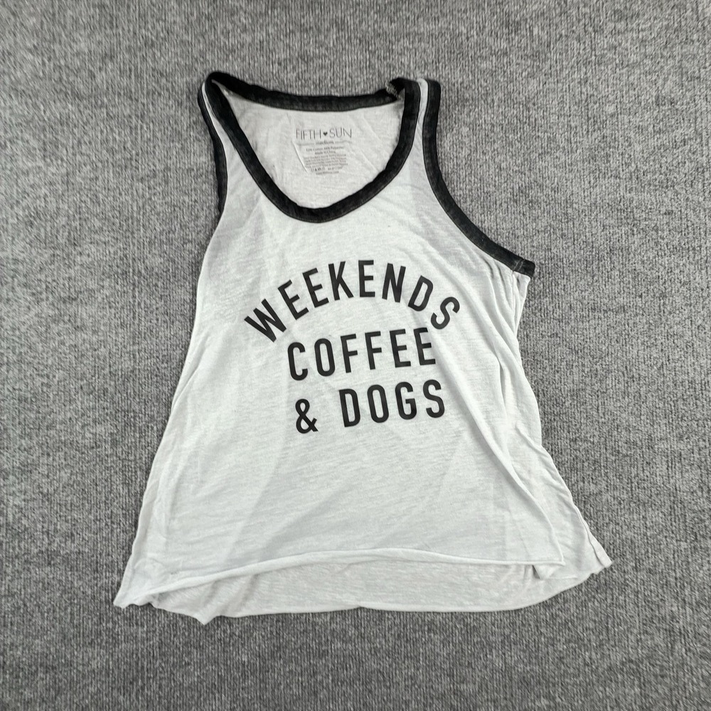 Fifth Sun Tank Top Womens Medium Gray Weekends Coffee & Dogs Graphic Ringer